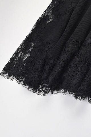 Ribbed Knit Scoop Neck Short Sleeve Long Dress with Lace Trim & Flared Hem