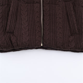 Cable Knit Puffer Jacket with Hood – Warm Padded Winter Coat, Soft Knit Fabric, Long Sleeve