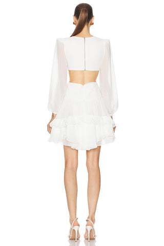 Chiffon Cut-Out Mini Dress – Long Sleeve Pleated Ruffle Dress