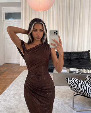 One-Shoulder Shimmer Mesh Long Evening Dress