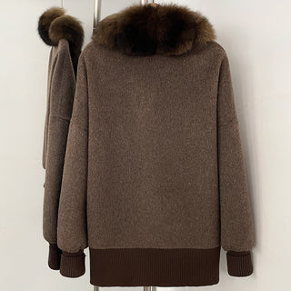 Plush Faux Fur Trimmed Long Sleeve Wool-Feel Coat