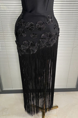 Strapless Floral Appliqué Fringe Long Dress with Bodycon Silhouette