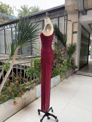 One-Shoulder Shimmer Mesh Long Evening Dress