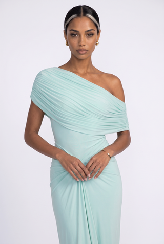 One-Shoulder Long Dress – Gathered Front, Fitted Waist & Floor-Length Design