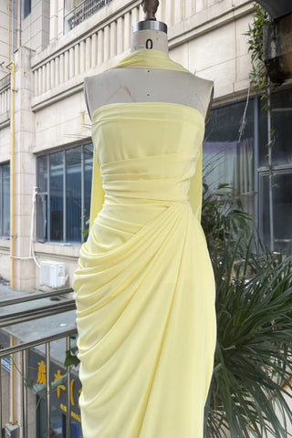 Strapless Ruched Long Dress with Lace-Up Back & High Slit