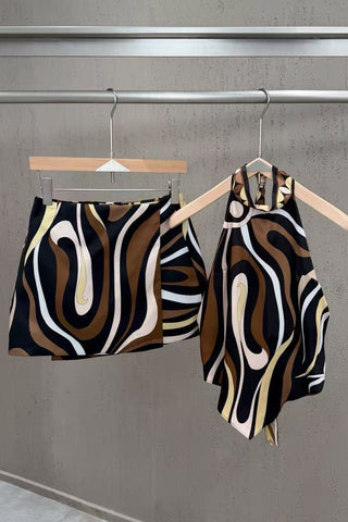 Abstract Swirl Print Satin Halter Top & High-Waisted Mini Skirt Set