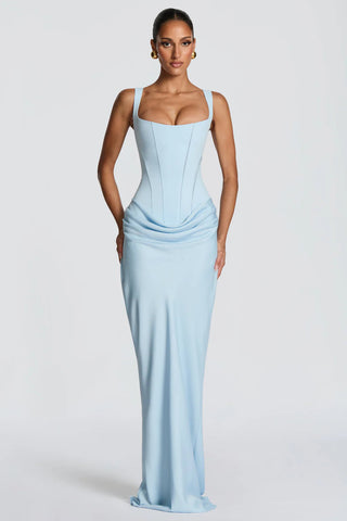 Romantic Sleeveless Corset Long Dress with Draped Waist & Lace-Up Back
