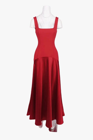 Square Neck Fitted Bodice Long Dress with Flared Satin Skirt