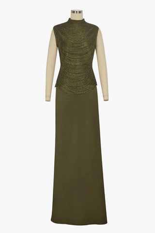 Sleeveless Bandage Metallic Top & Satin Skirt Set – Sculpted High Neck, Fluid Draped Fit, Refined Evening Look