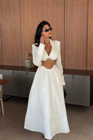 Cropped Shirt & Full Skirt Set – Long Sleeve Two-Piece Set
