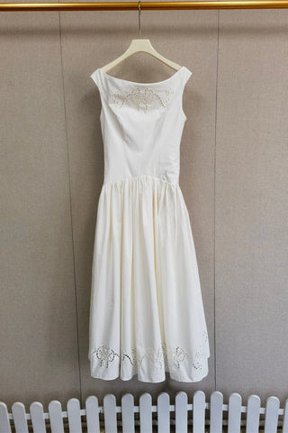 Boat Neck Midi Dress – Gathered Waist, Sleeveless Design & Cutout Details