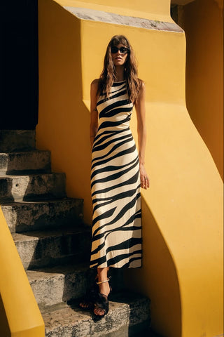 Sleeveless Zebra Print Knit Long Dress with Double Shoulder Straps