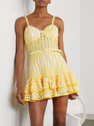 Embroidered Sleeveless Belted Mini Dress