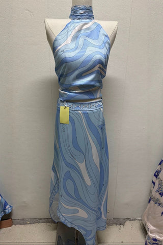 Printed Halter Crop Top & Asymmetric Long Skirt Set with Matching Scarf