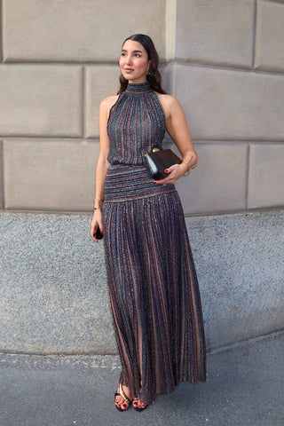 Shimmer Striped Halter Neck Top & Long Skirt Set