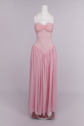 Lace Corset Halter Long Dress – Pleated Chiffon Evening Dress