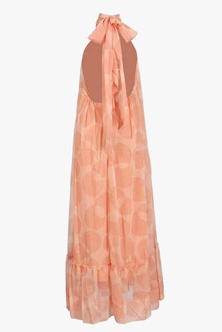 Sleeveless Halter Neck Open-Back Printed Chiffon Long Dress with Ruffle Hem