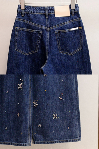 High-Waist Embellished Wide-Leg Denim Jeans with Crystal Floral Detailing