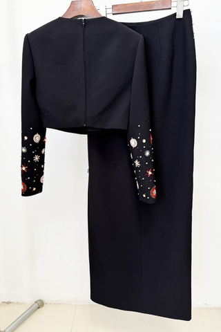 Spark Embellished Long Sleeve Crop Top & High-Slit Maxi Skirt Set