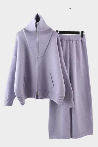 Cozy High-Neck Zip Knit Set – Soft Two-Piece Loungewear with Relaxed Wide-Leg Pants