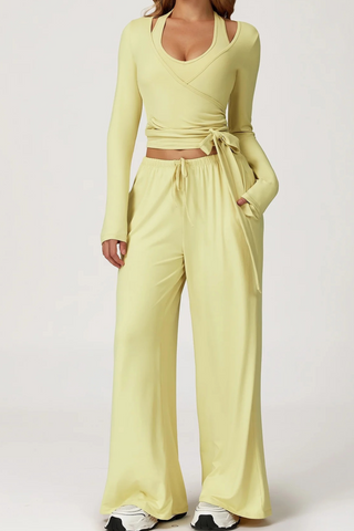 3-Piece Sport Wrap Lounge Set with Long Sleeve Crop Top, Halter Tank, and Wide-Leg Pants