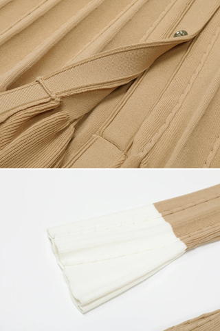 Cable-Knit Button-Front Long Dress with V-Neck and Flared Hem