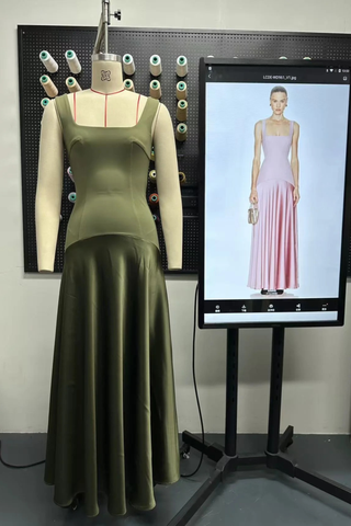Square Neck Fitted Bodice Long Dress with Flared Satin Skirt