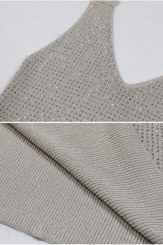 Sleeveless Knit Long Dress with V-Neck and Rhinestone Embellishment