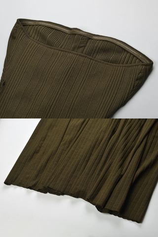 Strapless Pleated Knit Long Dress with Belt – Elegant Stretch Fabric