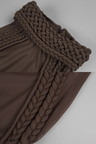 Chocolate Brown Halter Neck Long Dress – Sculpted Bodycon Gown with Braided Trim