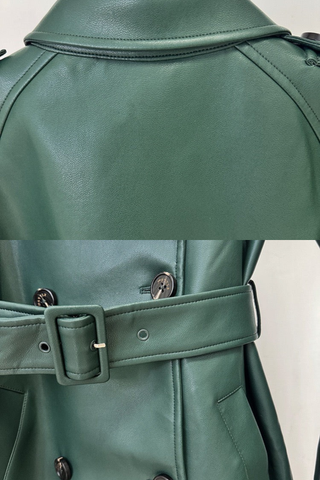 Long Sleeve Double-Breasted Faux Leather Trench Coat with Belt