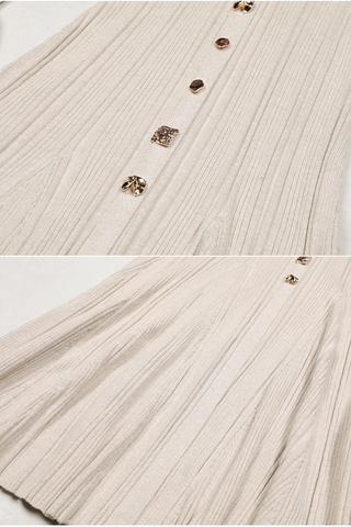 Knit Ribbed Button-Down Flare Maxi Dress with Fluted Cuffs – Long Sleeve Bodycon Elegant Style