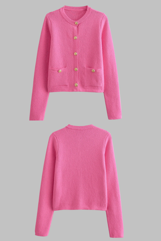 Knitted Cardigan with Gold Buttons and Front Pockets