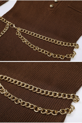 Metallic Ribbed Knit Long Sleeve Midi Dress with Gold Chain Belt