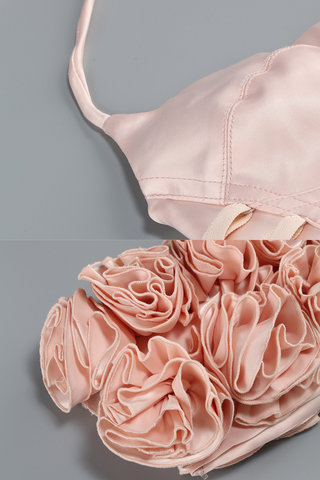 Rosette Bloom Hourglass Corset Mini Dress with  3D Ruffled Skirt in Blush Satin