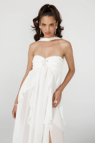 Strapless Ruffle Chiffon Long Dress with Rhinestone Starfish Brooch Backless, Layered Flowing Skirt