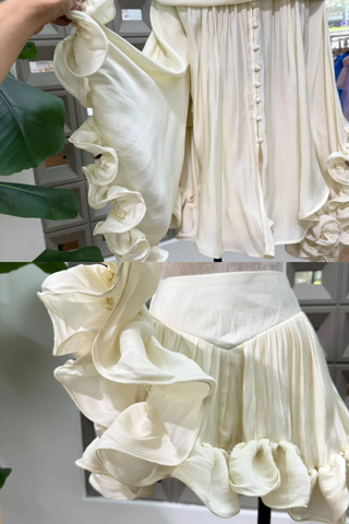 Off-Shoulder Flowing Chiffon Mini Set with Soft Ruffle Details