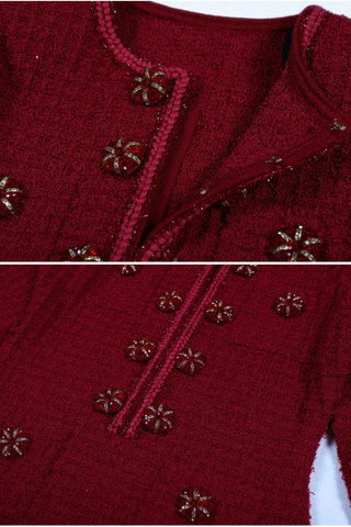 Embellished Tweed Long Sleeve Midi Dress with Jewel Buttons