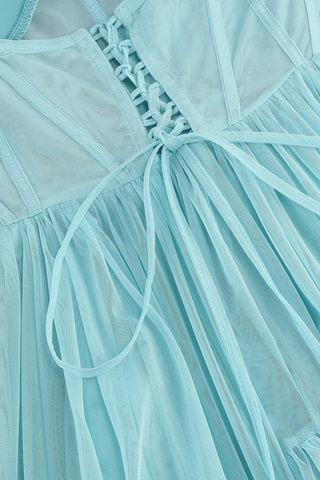 Aqua Tulle Strapless Corse Long Dress with Flower Appliqués and Lace-Up Back