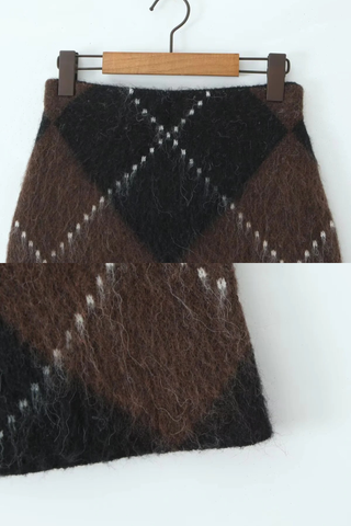 Fuzzy Argyle Knit Set – High-Neck Sweater and Mini Skirt