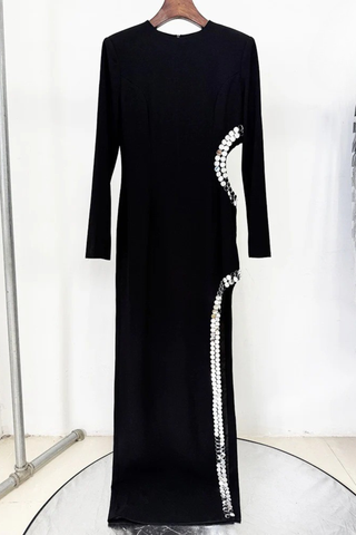Long Sleeve Black Long Dress with Sequin Cutout Detailing and High Slit