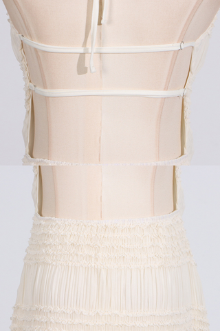 Beige Smocked Halter Long Dress with Sheer  Open Back