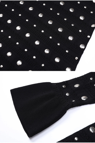 Studded Knit Long Dress – Elegant Long Sleeve Flared Cuff Evening Dress