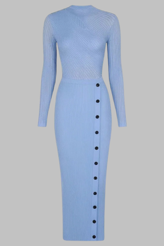 Long Sleeve Ribbed Knit Midi Dress with Asymmetrical Cutout and Button Slit