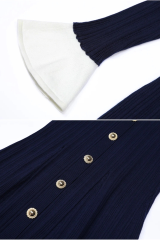 Long Sleeve Ribbed Knit Button-Down Midi Dress with Belt and Contrast Cuffs