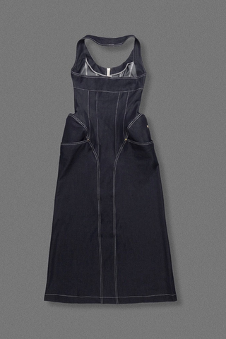 Halter Neck Denim Long Dress with Front Zip and Contour Stitching