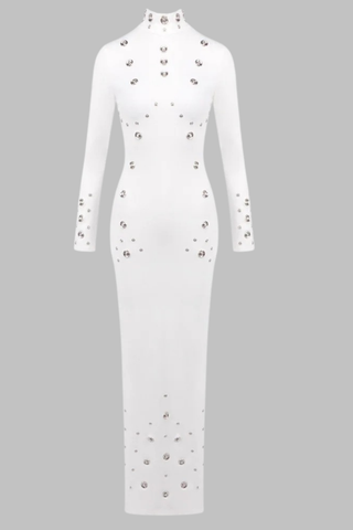 High Neck Long Sleeve Long Dress with Metal Stud Embellishments