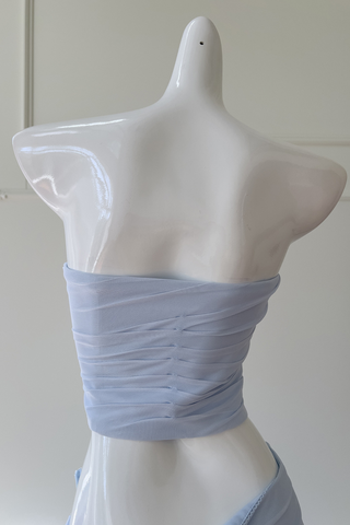 Light Blue Mesh Ruched  Set – Strapless Bustier Top & Fishtail Maxi Skirt with Sheer Scarf