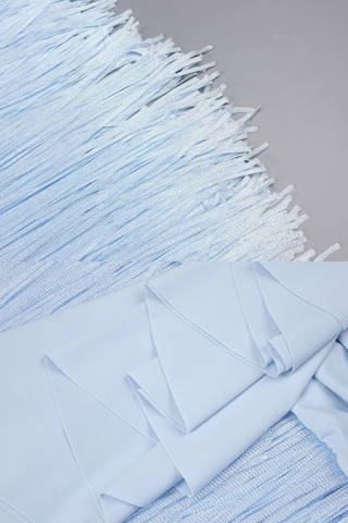 Sleeveless Ruched Mesh Long Dress with Fringed Hem and Crisscross Draping