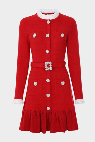 Round Neck Slim-Fit Wool-Blend Mini Dress with Crystal Embellished Buttons